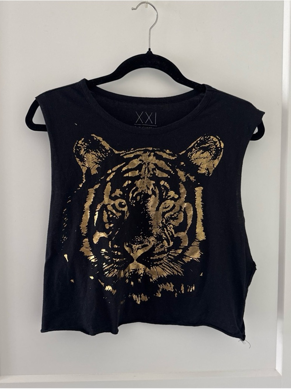 Women Black Tank Top with Gold Tiger Print